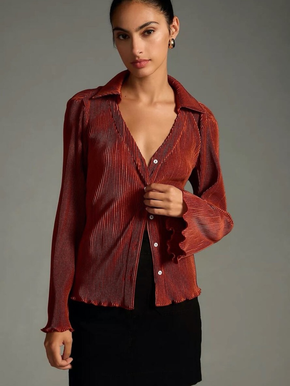 DOLAN (Anthro) M Rust Lettuce-Hem Button Down Top Pleated Blouse Flare Cuff